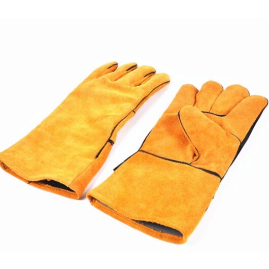 1 Pair of Heavy Duty Heat Resistant Welding Gloves Yellow Leather Lined for Wood Stove BBQ Grill Gardening Gloves for Men
