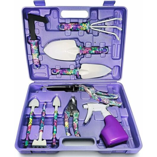 10Pcs Gardening Tools, Purple Flower Printing Garden Hand Tool Ergonomic Handle Shovel And Pruning Shears, Rake, Water Sprayer, Gardening Gifts For