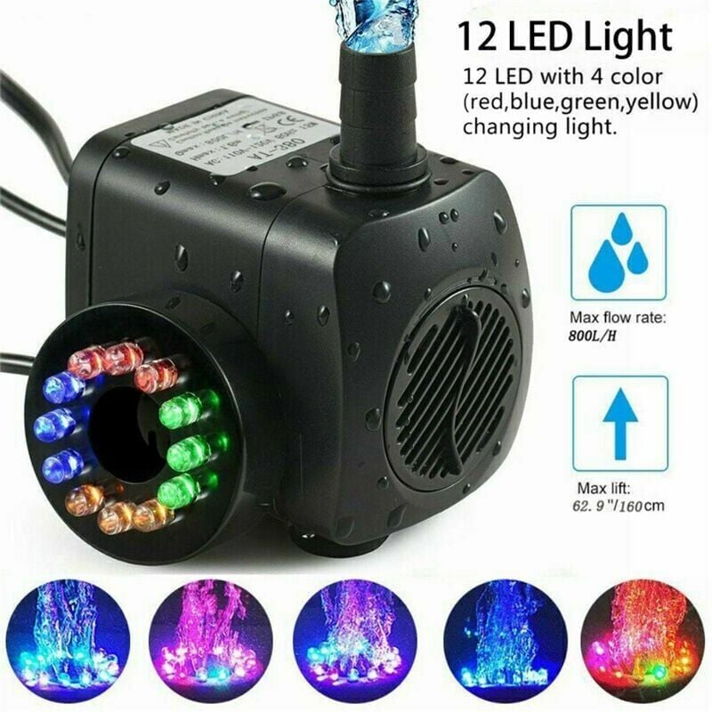 15W fountain pump with 800L/h flow rate and 12 integrated LEDs, ideal for ponds and gardens