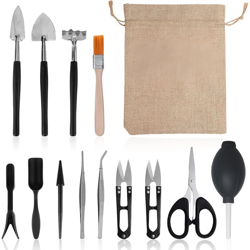 Csparkv - 13pcs Garden Tools Bonsai Kit, Mini Gardening Tools, Gardening Tool Set with Storage Bag, Professional Bonsai Tool for Succulents Indoor