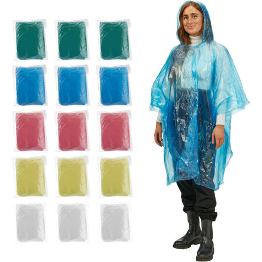 Disposable Rain Poncho, Set of 15, Raincoat with Hood, 5 Colours, Unisex, Multicoloured - Relaxdays