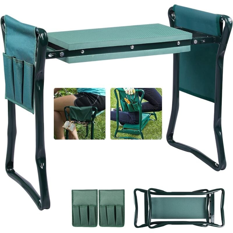 Foldable garden stool, garden kneeler, garden seat, garden bench with 2 tool bags and thickened eva foam padding, load capacity up to 150 kg, 60 x 27