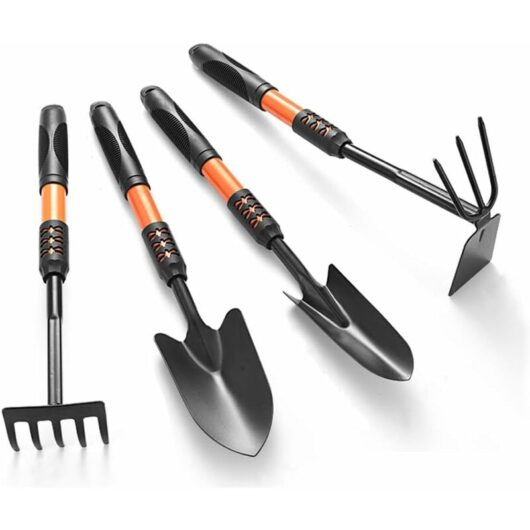 Gardening Tools, Outdoor 4 Pieces Adult Garden Tools, Lengthen Ergonomic Handles, with Shovels, Hand Rake, Manual Weeders, Hoe for Women and Men