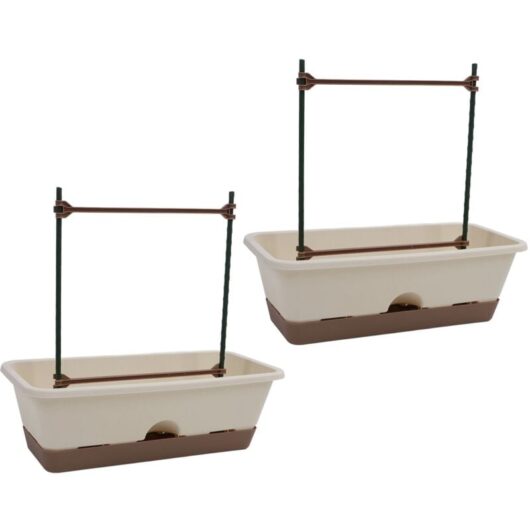 2pcs Balcony Planter Box with Double Layer Trellis Removable Saucer Window Box Planter for Herbs Vegetable Growing White