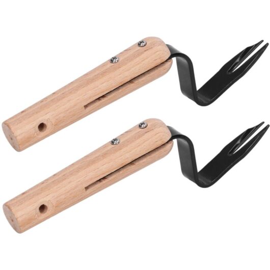 Groofoo - 2Pcs Forked Head Hand Weeder Puller Wood Handle Remove Weeds Shovel Garden Weeding Fork Trimming Tools Planting Gadgets