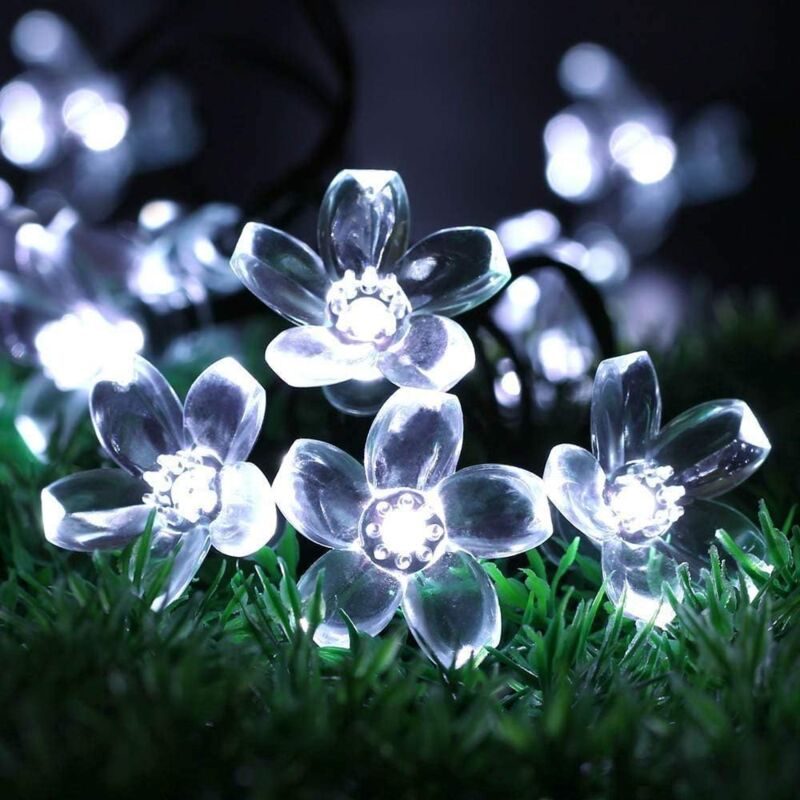 Solar Flower String Lights Outdoor Waterproof 7M 50LED Solar Peach Sakura Flower Fairy Lights for Garden Christmas Homes Wedding Decoration (White)