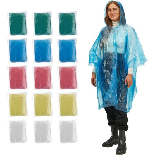 30 x disposable rain ponchos, single-use rain capes with hoods, 5 colours, emergency ponchos for adults, assorted, set