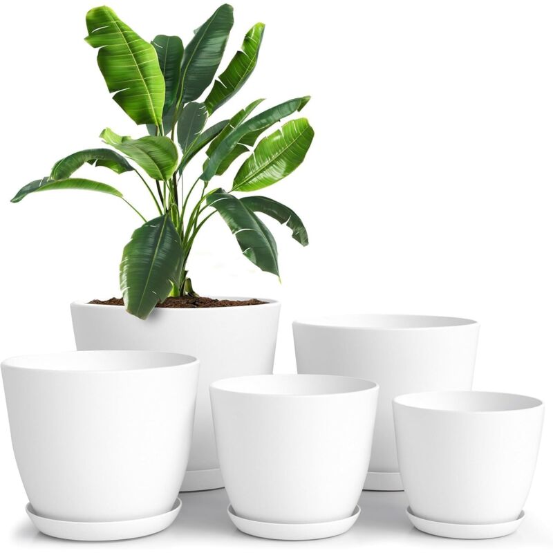 Tinor - Set of 5 Flower Pots 18/17/15/13/12 cm Plantpot with Saucer for Kitchen, Balcony, Garden Plants, Nursery Flower Pots for Indoor White.