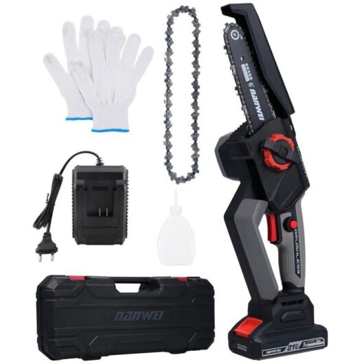 21V Mini Cordless Pruning Chainsaw with 4000mAh Battery and Fast Charger, 6 Inch with 2 Chains, 5800r/min Speed for Cutting Wood and Gardens