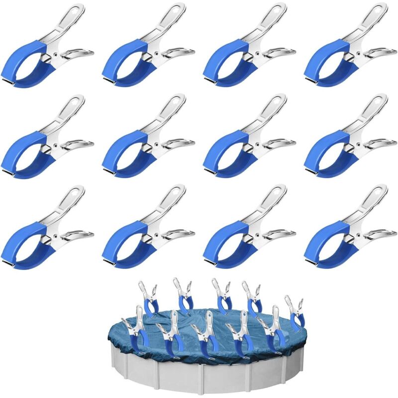 12-Piece Metal Clamps, Above Ground Pool Cover Securing Kit with Anti-Scratch Sleeves, High-Tension Clamps for Pool Covers