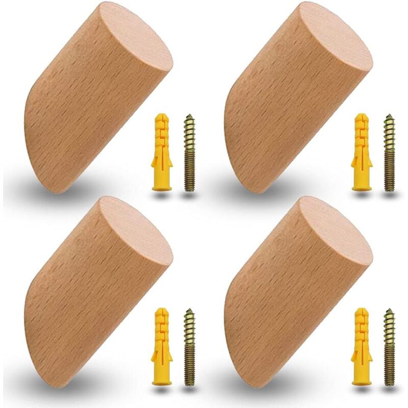 Aougo - 4 Pack Beech Coat Hooks, Wooden Coat Hooks, Hooks, Wall Hooks with 4 Screws and Expansion Tubes for Office, Kitchen, Home, Clothes (6cm)