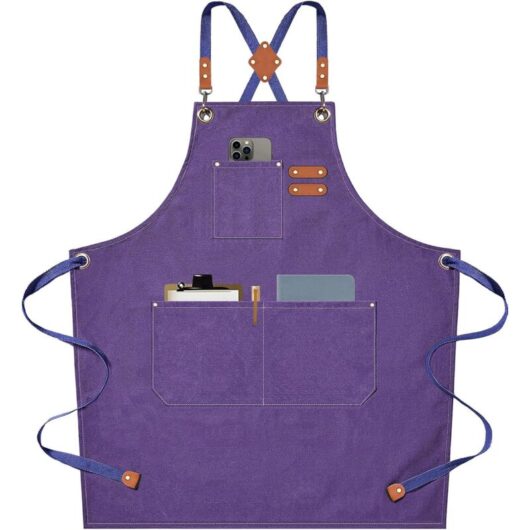 Chef Aprons for Men Women with Large Pockets, Cotton Canvas Cross Back Heavy Duty Adjustable Work Apron, Size m to xxl (Purple)
