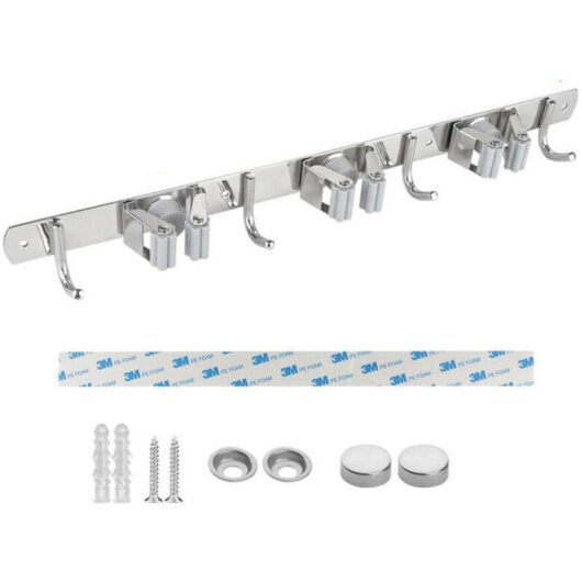 Linghhang - Wall Mounted Broom Holder, Stainless Steel, Adhesive Broom Holder with Hook, Multifunctional Broom Cabinet for Kitchen, Garden, Bathroom,