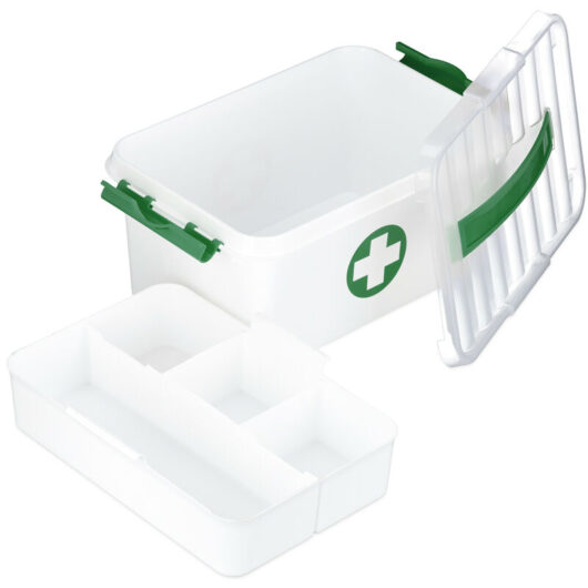 Medicine Box, 5 Compartments, First Aid for Medical Cabinet, Plastic, HxWxD: 14.5 x 30 x 20 cm, White/Green - Relaxdays