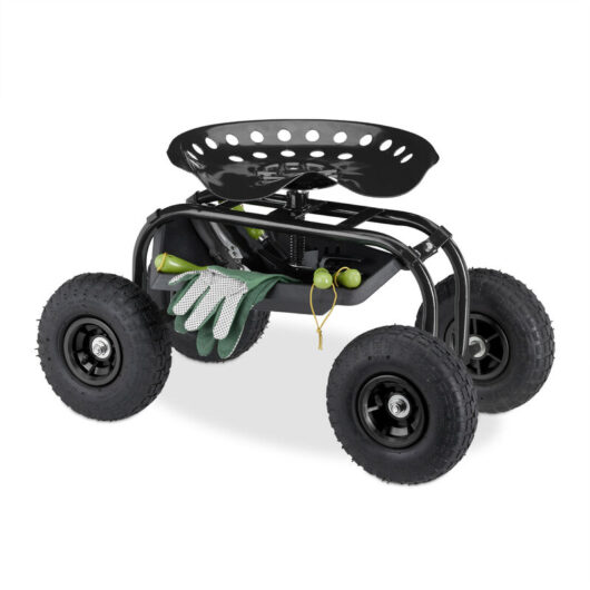 Relaxdays - Garden Seat, Mobile on 4 Wheels, Height-adjustable between 48-56 cm, for Gardening & Workshops, Storage, Black