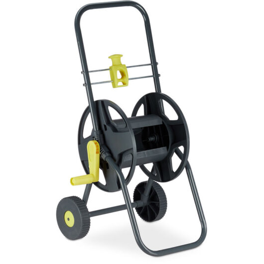 Relaxdays - Hosepipe Cart 45 m. Mobile Garden Hose Trolley, Hose Holder, 76.5 x 44 x 41 cm, Grey/Yellow