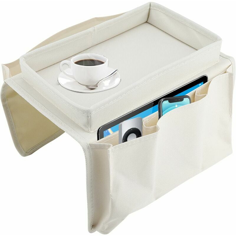 Sofa Armrest Hanging tv Remote Control Organizer Sofa Storage Bag with Cup Holder Tray Sofa Storage Tray (Beige)