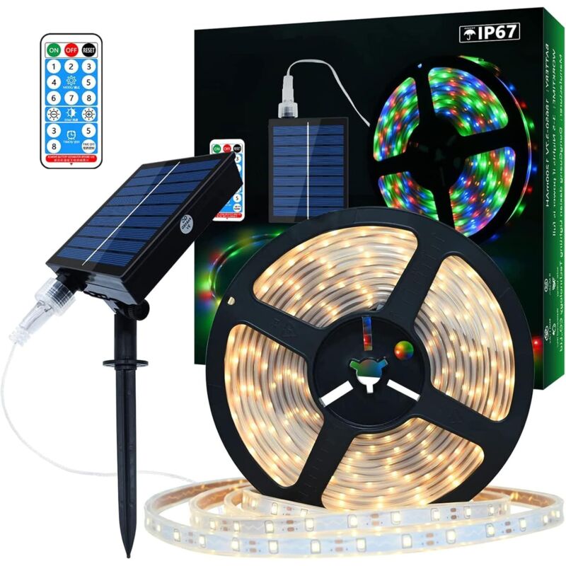 Solar led Strip Lights Outdoor, 5m 280 LEDs IP67 Waterproof led Strip, Warm White led Lights with Remote Control, 8 Lighting Modes 2835 smd String
