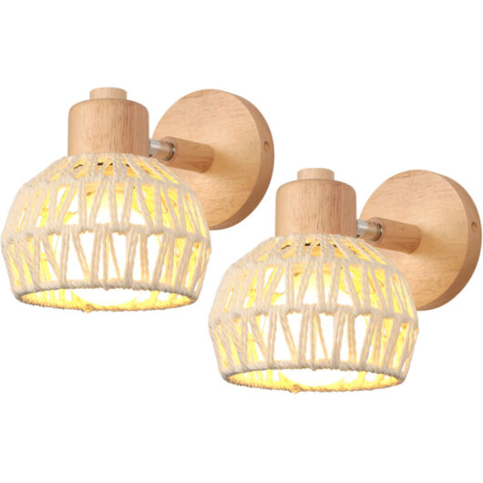 2X) 15CM Indoor Wall Light Adjustable Wood Rattan Wall Lights Retro E27 Vintage Wall Sconce for Bedroom Living Room White