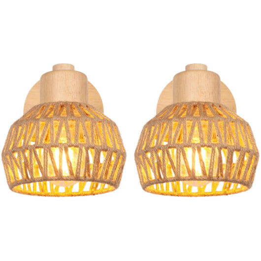 2X) Indoor Wall Light 15CM Adjustable Wood Rattan Wall Lights Retro E27 Vintage Wall Sconce for Bedroom Living Room