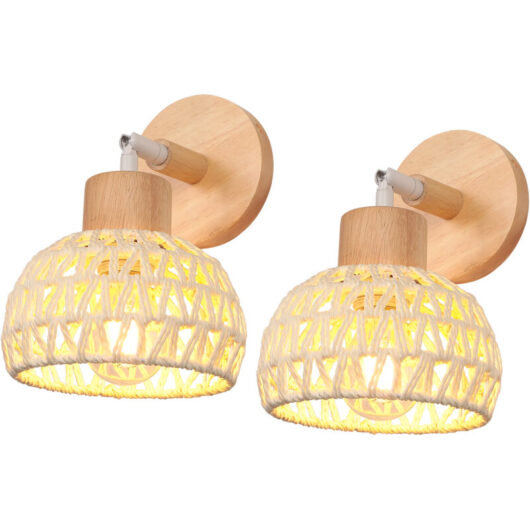 2X) Indoor Wall Light 15CM Adjustable Wood Rattan Wall Lights Retro Vintage Wall Sconce E27 for Living Room Bedroom White