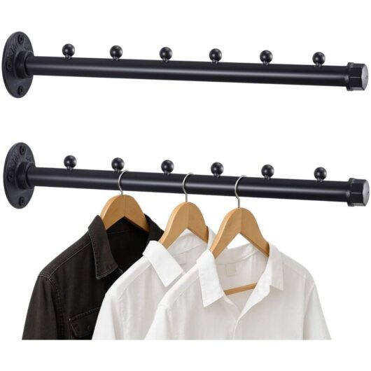 JF HOME BLISS 2Pcs 14.17" Industrial Pipe Clothes Rack Heavy Duty Wall Mounted Garment Hanging Rail with Base Vintage Matte Black Steel Rod for