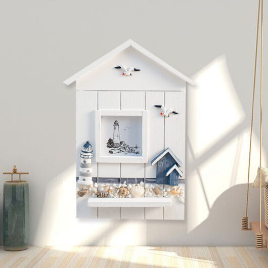 Linghhang - Wall Mounted Key Holder - Lighthouse, Mediterranean Style Key Cabinet with 6 Hooks Nautical Style Wooden Key Organizer, Summer Seaside