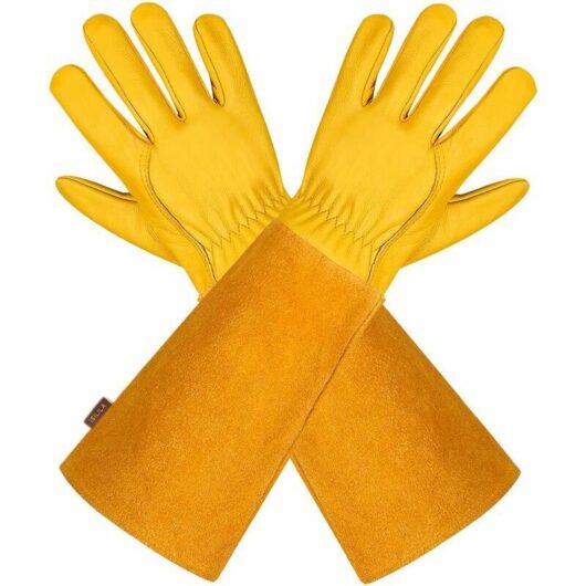 Linghhang - Yellow M)Breathable Leather Gardening Gloves for Men and Women with Anti-thorn Glove, Long Sleeve Cowhide Leather Gloves for Gardener and