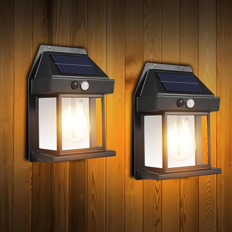 Outdoor solar lights, set of 2, IP65 waterproof wall lanterns with motion sensor and 3 modes - Solar security lighting for gardens