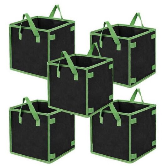 Square Grow Bags 5 Gallons - Strong Non-Woven Fabric Pots with Handles for Indoor & Outdoor Gardening, Pack of 5, Green