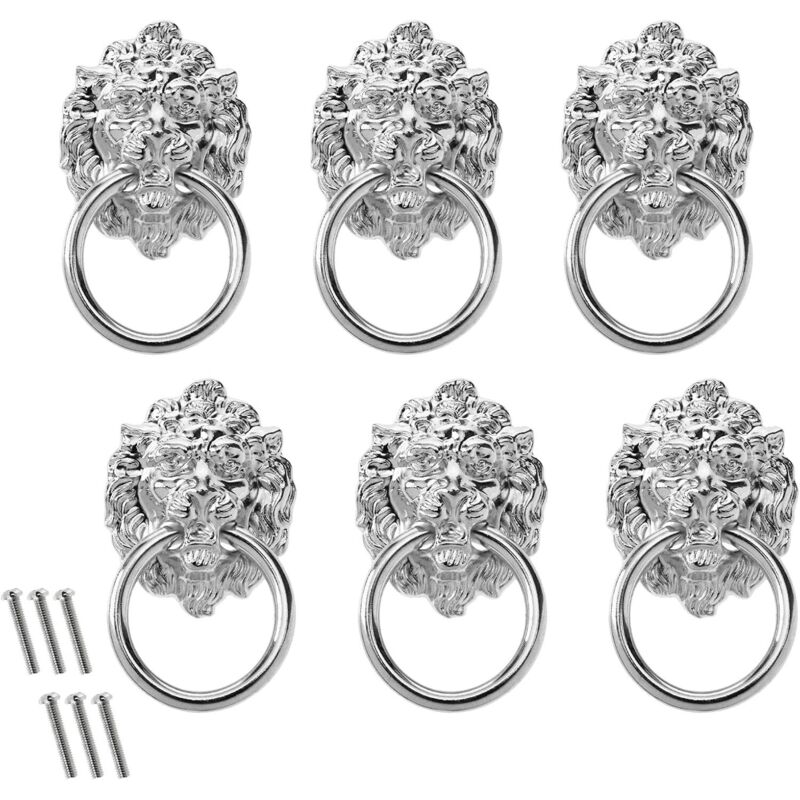 Vintage silver handle, 6 pieces, lion head, zinc alloy knob with screw, suitable for cabinet, drawer, chest, wooden box